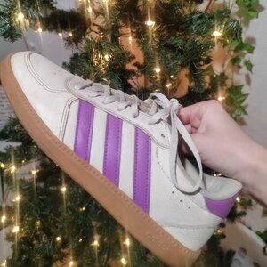 Cream and purple Adidas sambas